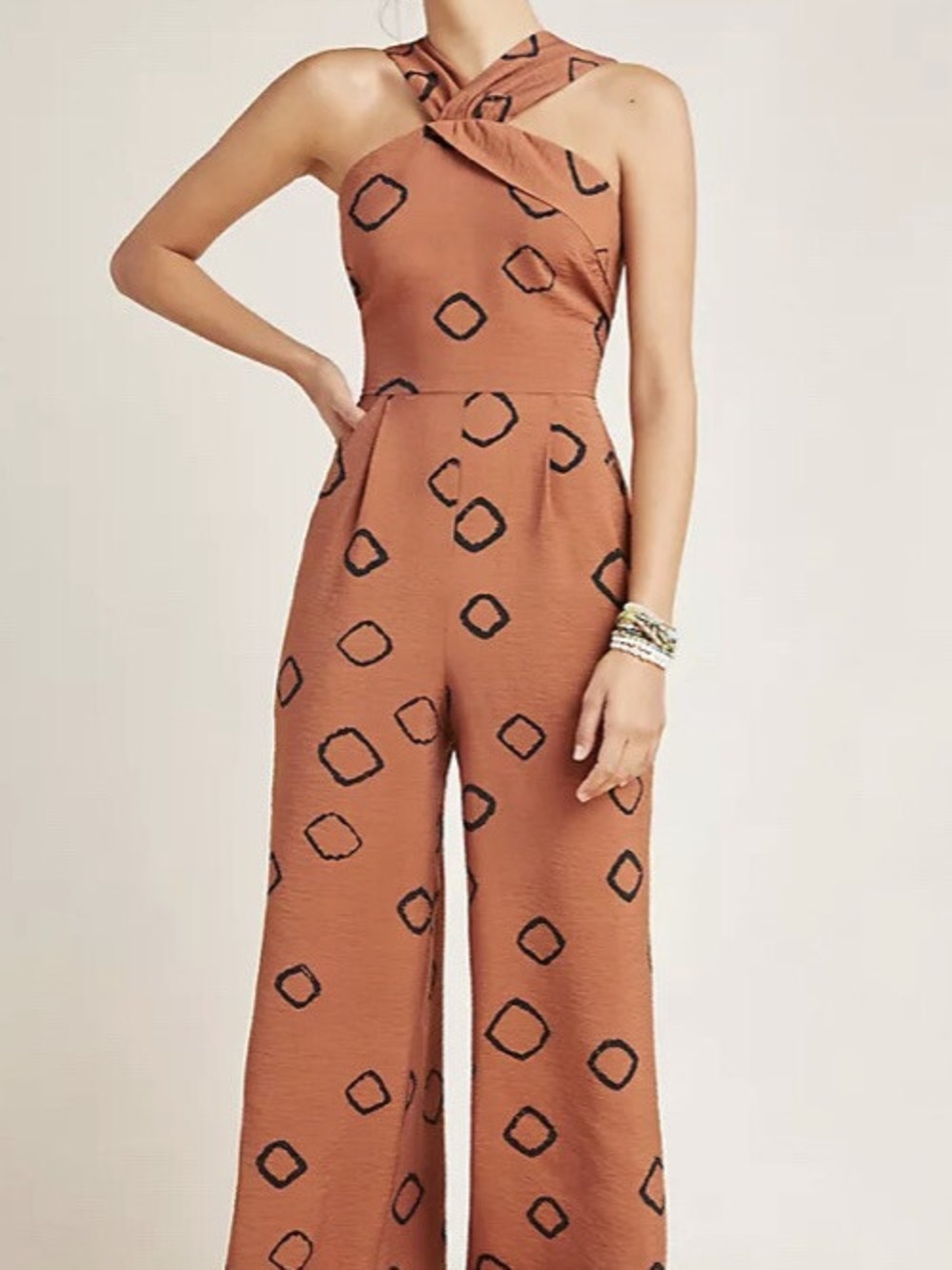 Eva Franco Rust Halter Jumpsuit with Black Geometric Print